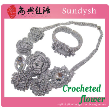 woven knit crystal fashion handmade multi strand wire knitted rosary hand bead crocheted flowers necklace